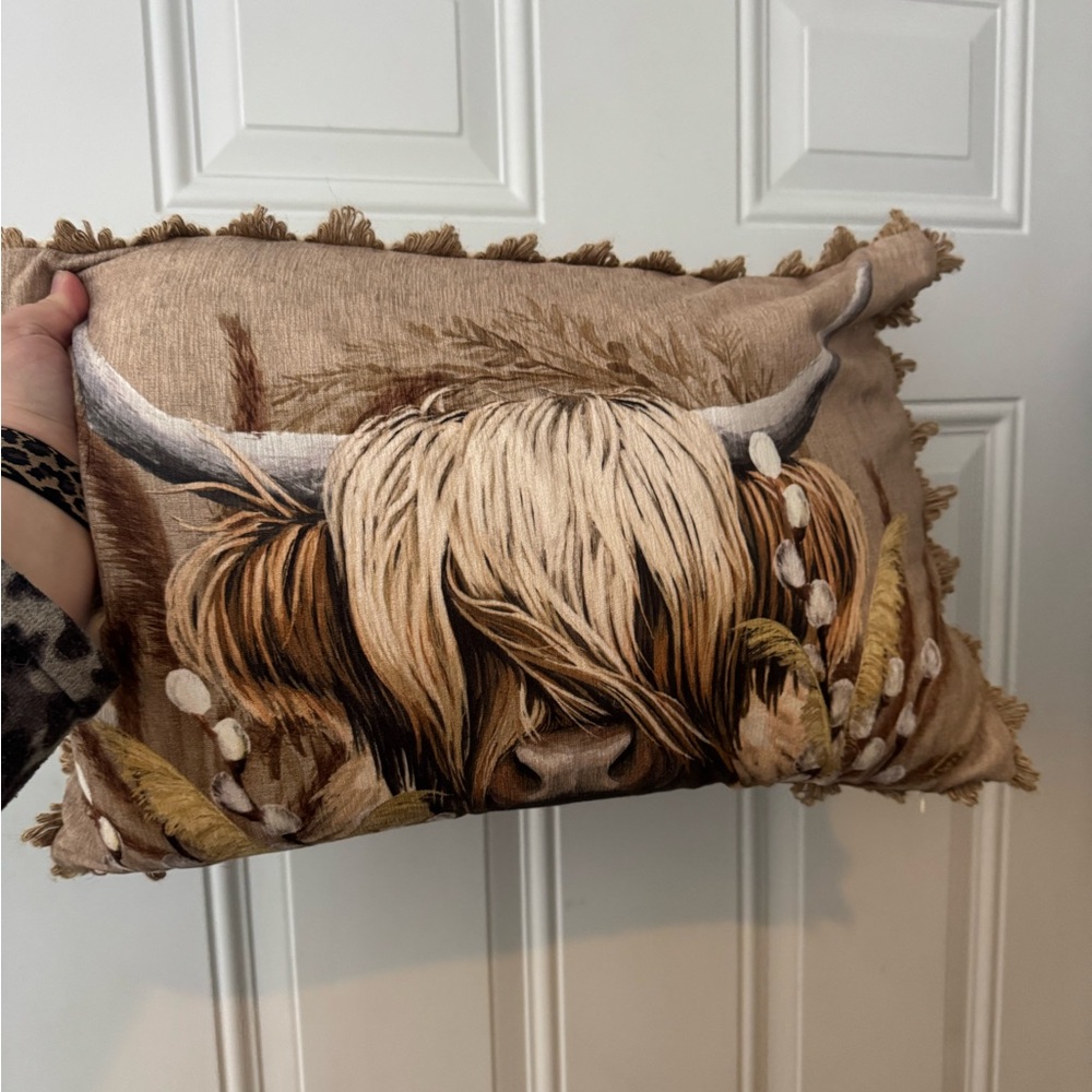 Hobby Lobby Rustic Highland Cow Pillow in Brown and Cream